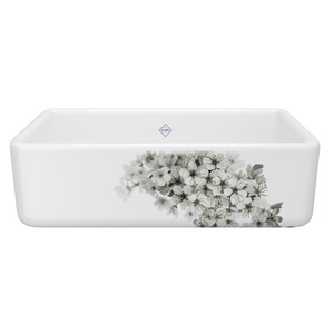 33 Inch Lancaster Single Bowl Farmhouse Apron Front Fireclay Kitchen Sink With Blossom Design - White With Design | Model Number: RC3318WHBSGG - Product Knockout
