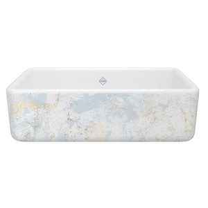 33 Inch Lancaster Single Bowl Farmhouse Apron Front Fireclay Kitchen Sink With Patina Design - White With Design | Model Number: RC3318WHPTBG - Product Knockout