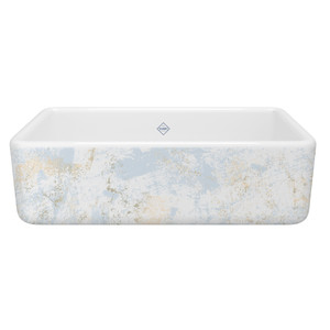 Lancaster™ 33" Single Bowl Farmhouse Apron Front Fireclay Kitchen Sink With Patina Design - Patina in Blue/Gold | Model Number: RC3318WHPTBG