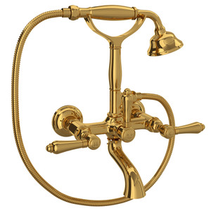 Exposed Wall Mount Tub Filler with Handshower - Unlacquered Brass with Metal Lever Handle | Model Number: A1401LMULB - Product Knockout