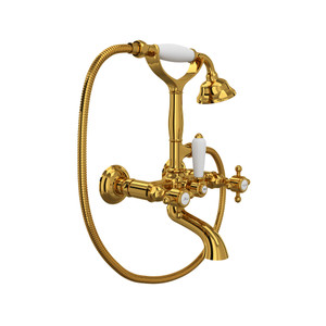 Exposed Wall Mount Tub Filler with Handshower - Unlacquered Brass with Cross Handle | Model Number: A1401XMULB - Product Knockout