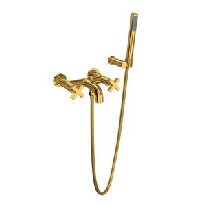 Lombardia Wall Mount Exposed Tub Set with Handshower - Unlacquered Brass with Cross Handle | Model Number: A2202XMULB - Product Knockout