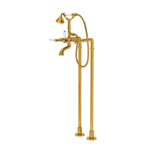 Exposed Floor Mount Tub Filler with Handshower and Floor Pillar Legs or Supply Unions - Unlacquered Brass with White Porcelain Lever Handle | Model Number: AKIT1401NLPULB - Product Knockout