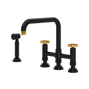 Campo Deck Mount U-Spout 3 Leg Bridge Faucet with Sidespray - Matte Black and Unlacquered Brass | Model Number: A3358IWWSMBU-2 - Product Knockout