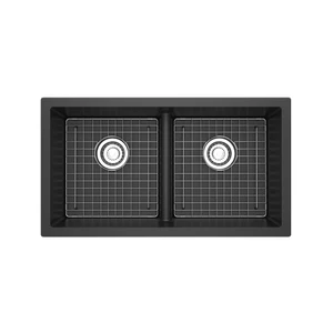 Fonsa™ 33" Double Bowl Undermount Quartz Kitchen Sink - Black | Model Number: FAUM3318LDBK
