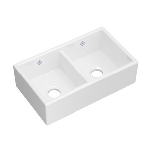 Shaker™ 31" Low Divide Double Bowl Apron Front Fireclay Kitchen Sink - White (WH) | Model Number: MS3118WH