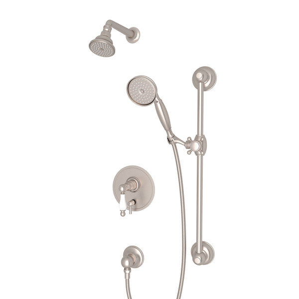 Arcana Pressure Balance Shower Package - Satin Nickel with Ornate White Porcelain Lever Handle | Model Number: ACKIT280ENOP-STN - Product Knockout