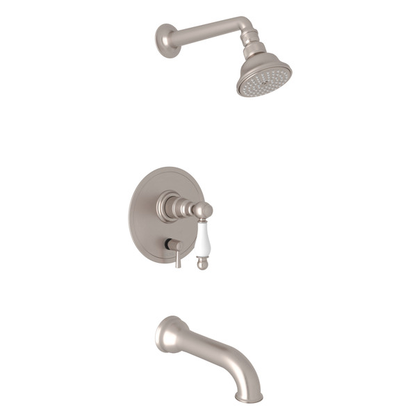 Arcana Pressure Balance Shower Package - Satin Nickel with Ornate White Porcelain Lever Handle | Model Number: ACKIT310ENOP-STN - Product Knockout