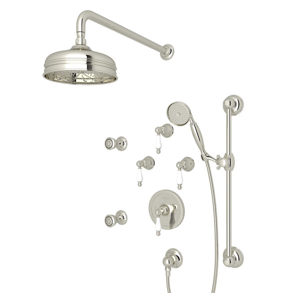 Arcana Thermostatic Shower Package - Polished Nickel with Ornate White Porcelain Lever Handle | Model Number: ACKIT460EOP-PN - Product Knockout