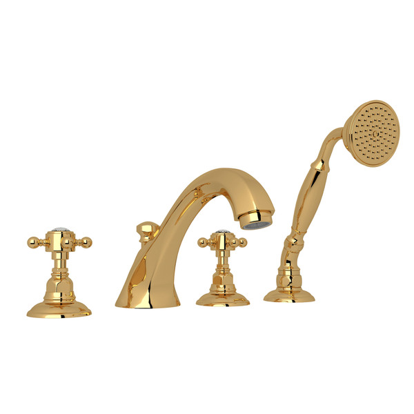 Hex 4-Hole Deck Mount Spout Tub Filler with Handshower - Italian Brass with Crystal Cross Handle | Model Number: A1804XCIB - Product Knockout