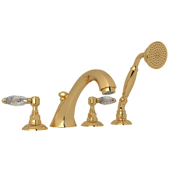 Hex 4-Hole Deck Mount Spout Tub Filler with Handshower - Italian Brass with Crystal Metal Lever Handle | Model Number: A1804LCIB - Product Knockout