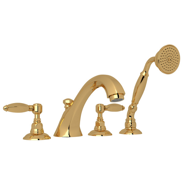 Hex 4-Hole Deck Mount Spout Tub Filler with Handshower - Italian Brass with Metal Lever Handle | Model Number: A1804LHIB - Product Knockout