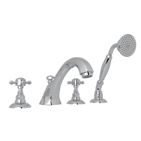 Hex 4-Hole Deck Mount Spout Tub Filler with Handshower - Polished Chrome with Crystal Cross Handle | Model Number: A1804XCAPC - Product Knockout