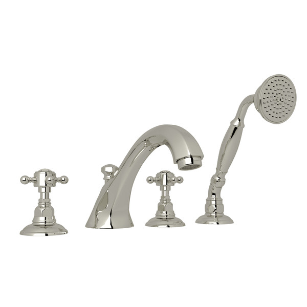 Hex 4-Hole Deck Mount Spout Tub Filler with Handshower - Polished Nickel with Crystal Cross Handle | Model Number: A1804XCPN - Product Knockout