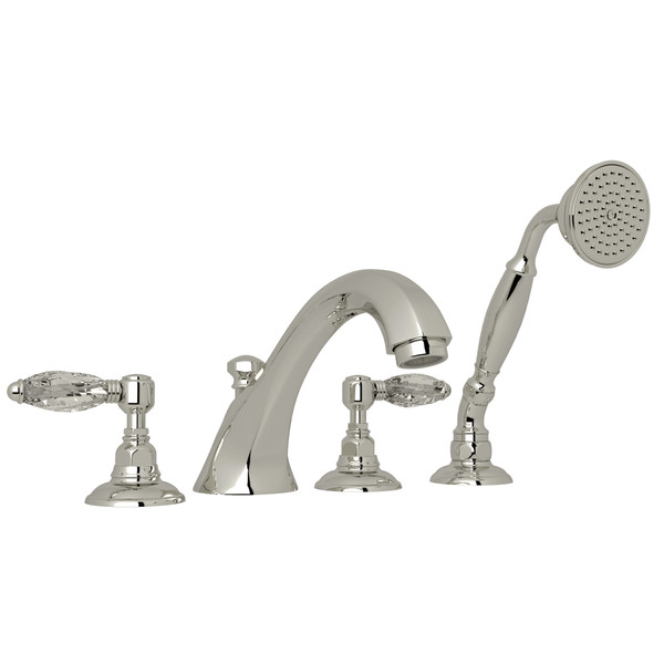 Hex 4-Hole Deck Mount Spout Tub Filler with Handshower - Polished Nickel with Crystal Metal Lever Handle | Model Number: A1804LCPN - Product Knockout