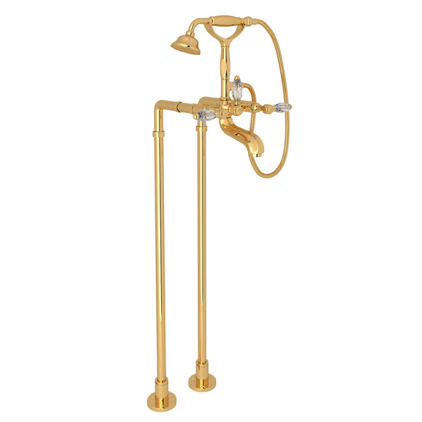 Hex Exposed Floor Mount Tub Filler with Handshower and Floor Pillar Legs or Supply Unions - Italian Brass with Crystal Metal Lever Handle | Model Number: AKIT1801NLCIB - Product Knockout