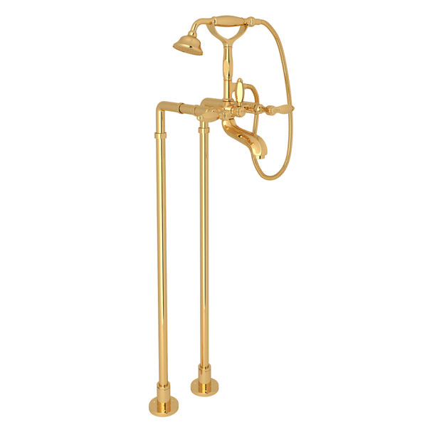 Hex Exposed Floor Mount Tub Filler with Handshower and Floor Pillar Legs or Supply Unions - Italian Brass with Metal Lever Handle | Model Number: AKIT1801NLHIB - Product Knockout