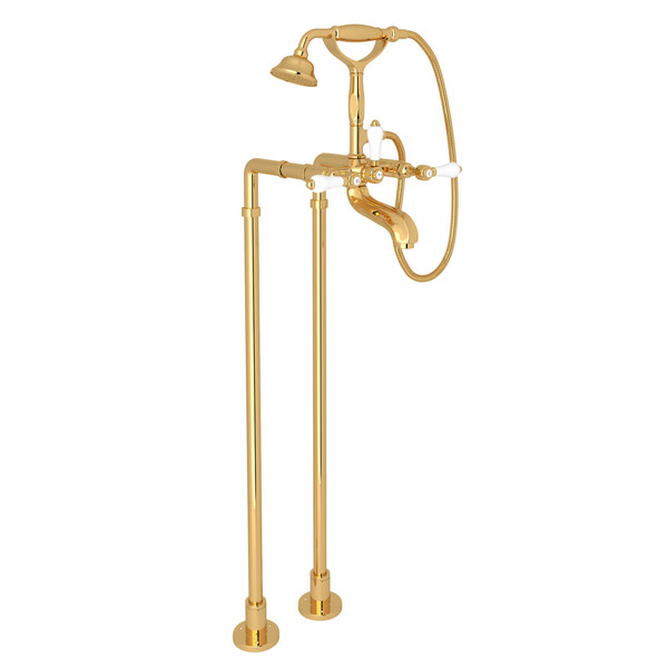Hex Exposed Floor Mount Tub Filler with Handshower and Floor Pillar Legs or Supply Unions - Italian Brass with White Porcelain Lever Handle | Model Number: AKIT1801NLPIB - Product Knockout