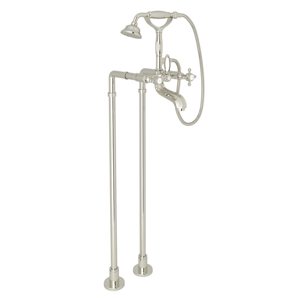 Hex Exposed Floor Mount Tub Filler with Handshower and Floor Pillar Legs or Supply Unions - Polished Nickel with Cross Handle | Model Number: AKIT1801NXMPN - Product Knockout