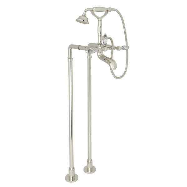 Hex Exposed Floor Mount Tub Filler with Handshower and Floor Pillar Legs or Supply Unions - Polished Nickel with Crystal Metal Lever Handle | Model Number: AKIT1801NLCPN - Product Knockout