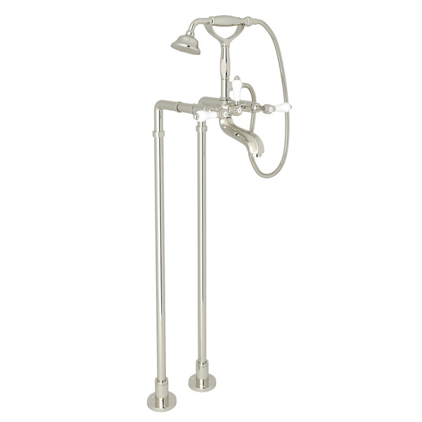 Hex Exposed Floor Mount Tub Filler with Handshower and Floor Pillar Legs or Supply Unions - Polished Nickel with White Porcelain Lever Handle | Model Number: AKIT1801NLPPN - Product Knockout