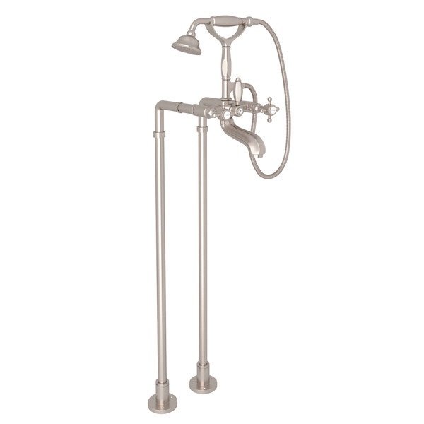 Hex Exposed Floor Mount Tub Filler with Handshower and Floor Pillar Legs or Supply Unions - Satin Nickel with Cross Handle | Model Number: AKIT1801NXMSTN - Product Knockout