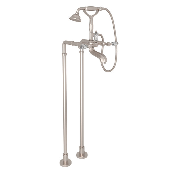 Hex Exposed Floor Mount Tub Filler with Handshower and Floor Pillar Legs or Supply Unions - Satin Nickel with Crystal Metal Lever Handle | Model Number: AKIT1801NLCSTN - Product Knockout
