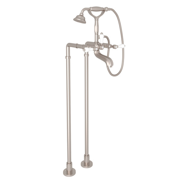 Hex Exposed Floor Mount Tub Filler with Handshower and Floor Pillar Legs or Supply Unions - Satin Nickel with White Porcelain Lever Handle | Model Number: AKIT1801NLPSTN - Product Knockout