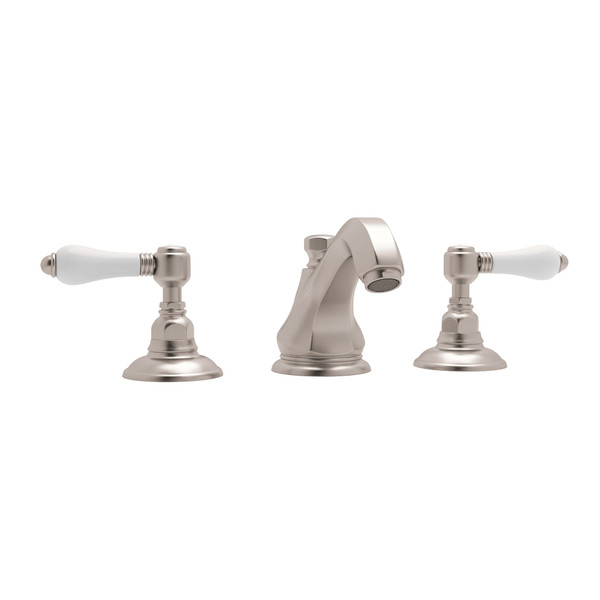 Hex High Neck Widespread Bathroom Faucet - Satin Nickel with White Porcelain Lever Handle | Model Number: A1808LPSTN-2 - Product Knockout