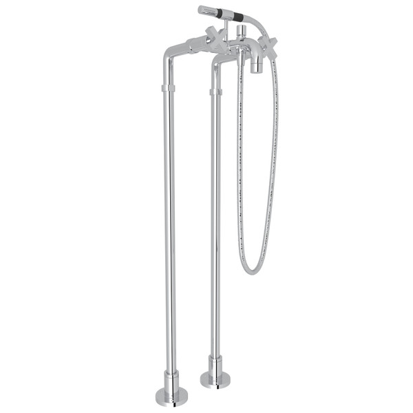 Pirellone Exposed Floor Mount Tub Filler with Handshower and Floor Pillar Legs or Supply Unions - Polished Chrome with Cross Handle | Model Number: BA420NX-APC - Product Knockout