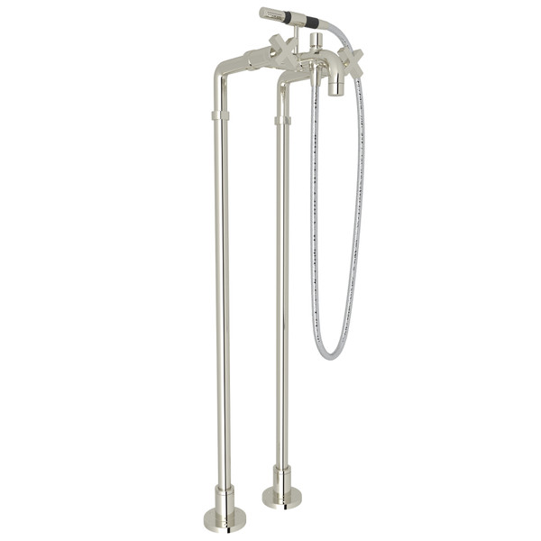 Pirellone Exposed Floor Mount Tub Filler with Handshower and Floor Pillar Legs or Supply Unions - Polished Nickel with Cross Handle | Model Number: BA420NX-PN - Product Knockout