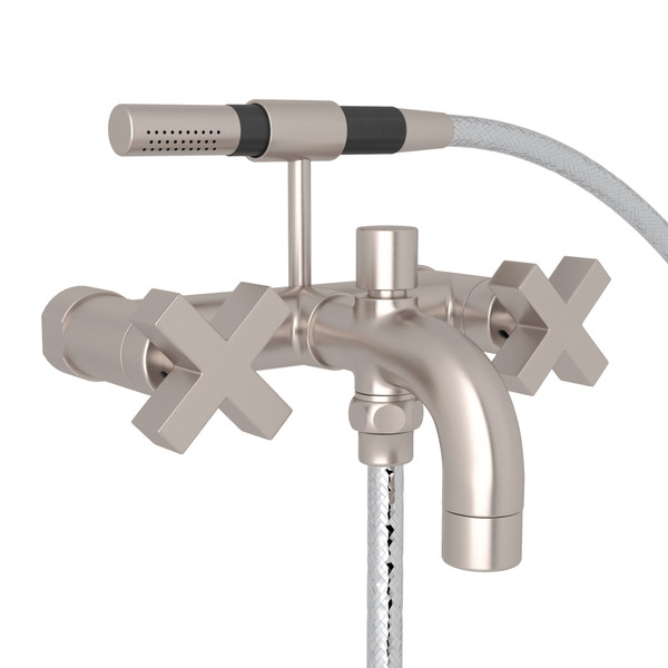 Pirellone Exposed Tub Filler with Handshower - Satin Nickel with Cross Handle | Model Number: BA7X-STN - Product Knockout