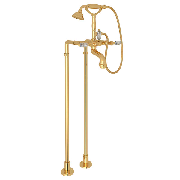 San Julio Exposed Floor Mount Tub Filler with Handshower and Floor Pillar Legs or Supply Unions - Italian Brass with Crystal Metal Lever Handle | Model Number: AKIT2101NLCIB - Product Knockout