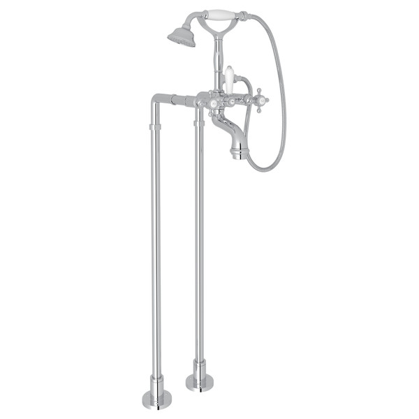 San Julio Exposed Floor Mount Tub Filler with Handshower and Floor Pillar Legs or Supply Unions - Polished Chrome with Cross Handle | Model Number: AKIT2101NXMAPC - Product Knockout