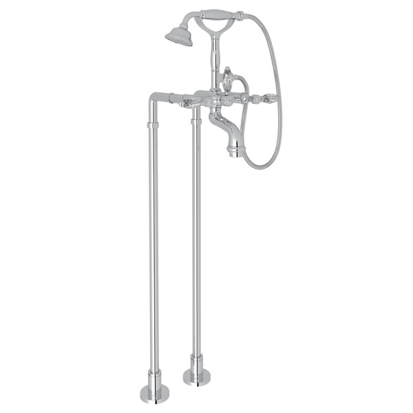 San Julio Exposed Floor Mount Tub Filler with Handshower and Floor Pillar Legs or Supply Unions - Polished Chrome with Crystal Metal Lever Handle | Model Number: AKIT2101NLCAPC - Product Knockout