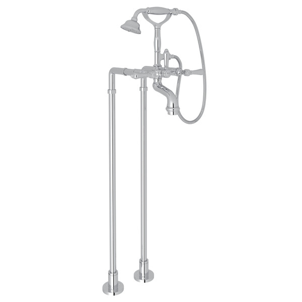 San Julio Exposed Floor Mount Tub Filler with Handshower and Floor Pillar Legs or Supply Unions - Polished Chrome with Metal Lever Handle | Model Number: AKIT2101NLMAPC - Product Knockout