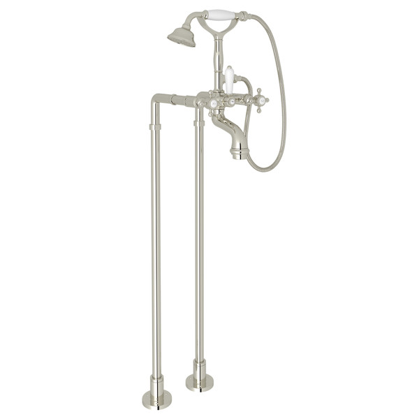 San Julio Exposed Floor Mount Tub Filler with Handshower and Floor Pillar Legs or Supply Unions - Polished Nickel with Cross Handle | Model Number: AKIT2101NXMPN - Product Knockout