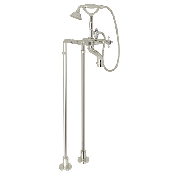 San Julio Exposed Floor Mount Tub Filler with Handshower and Floor Pillar Legs or Supply Unions - Polished Nickel with Crystal Cross Handle | Model Number: AKIT2101NXCPN - Product Knockout