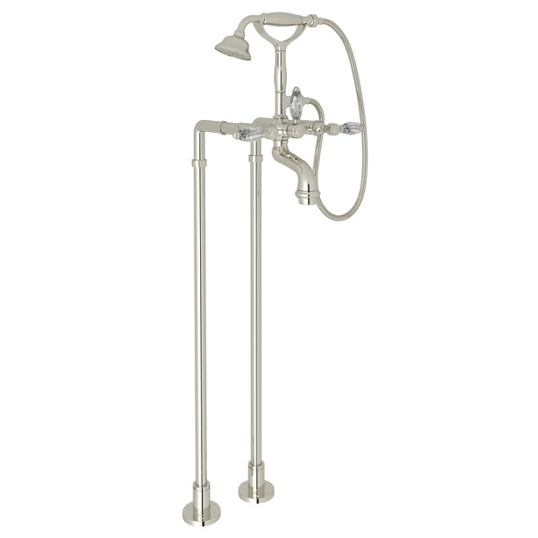 San Julio Exposed Floor Mount Tub Filler with Handshower and Floor Pillar Legs or Supply Unions - Polished Nickel with Crystal Metal Lever Handle | Model Number: AKIT2101NLCPN - Product Knockout