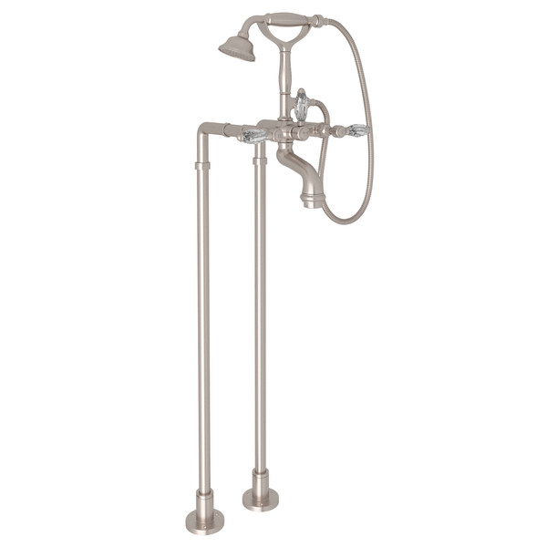 San Julio Exposed Floor Mount Tub Filler with Handshower and Floor Pillar Legs or Supply Unions - Satin Nickel with Crystal Metal Lever Handle | Model Number: AKIT2101NLCSTN - Product Knockout