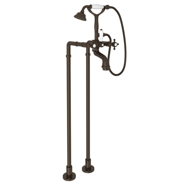 San Julio Exposed Floor Mount Tub Filler with Handshower and Floor Pillar Legs or Supply Unions - Tuscan Brass with Cross Handle | Model Number: AKIT2101NXMTCB - Product Knockout