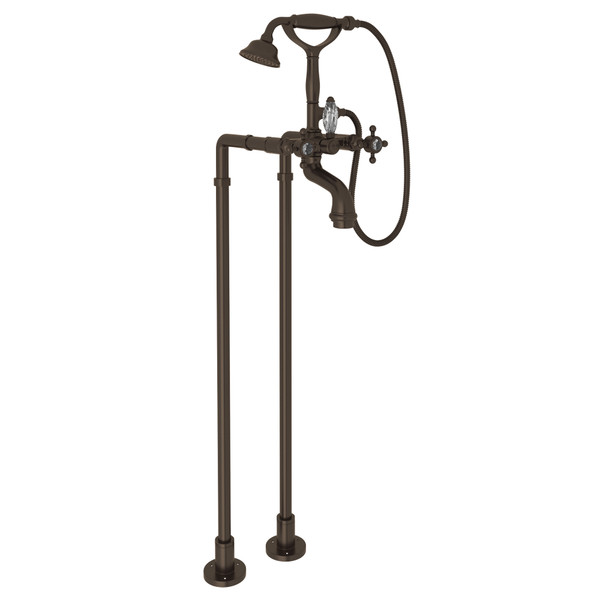 San Julio Exposed Floor Mount Tub Filler with Handshower and Floor Pillar Legs or Supply Unions - Tuscan Brass with Crystal Cross Handle | Model Number: AKIT2101NXCTCB - Product Knockout