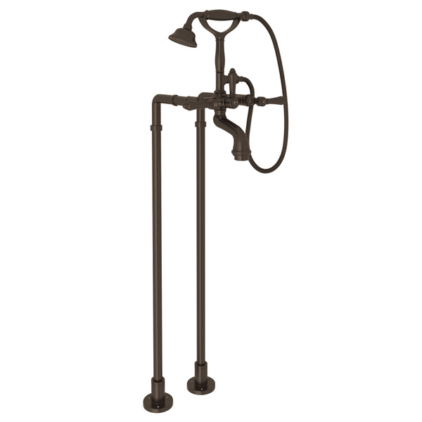 San Julio Exposed Floor Mount Tub Filler with Handshower and Floor Pillar Legs or Supply Unions - Tuscan Brass with Metal Lever Handle | Model Number: AKIT2101NLMTCB - Product Knockout