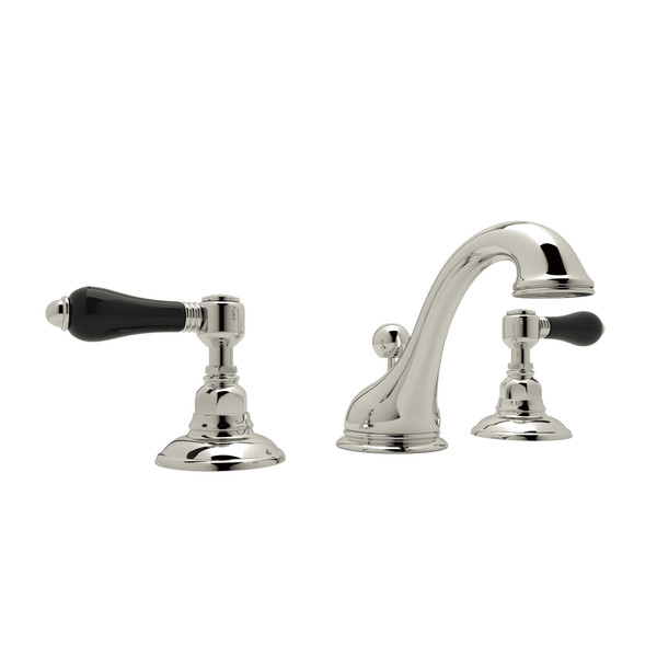 Viaggio C-Spout Widespread Bathroom Faucet - Polished Nickel with Black Porcelain Lever Handle | Model Number: A1408LPBKPN-2 - Product Knockout