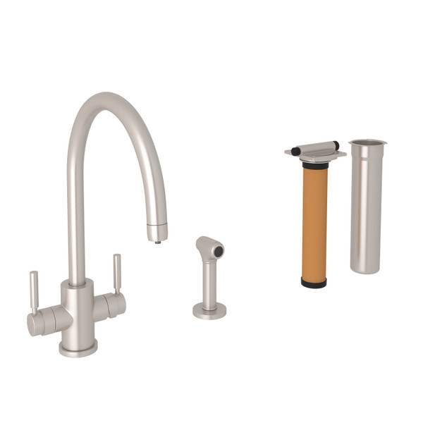 Holborn Filtration 2-Lever Kitchen Faucet with Sidespray - Satin Nickel with Metal Lever Handle | Model Number: U.KIT12931LS-STN-2 - Product Knockout