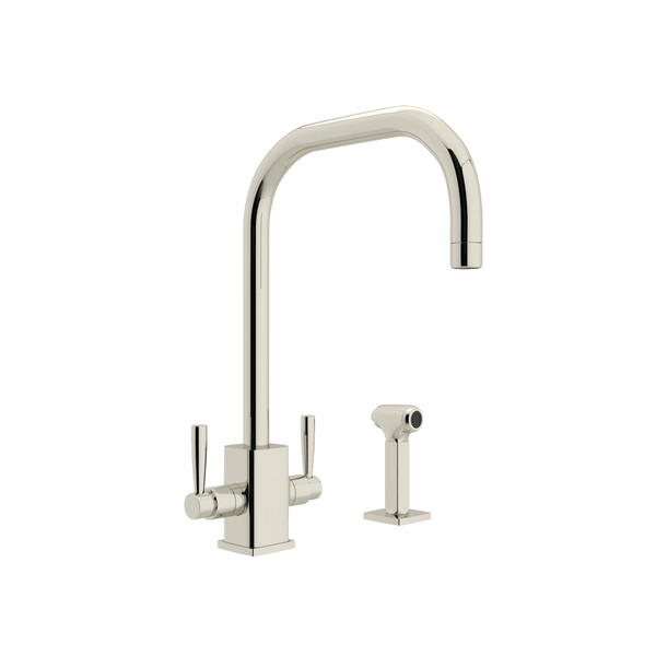 Holborn Single Hole U-Spout Kitchen Faucet with Square Body and Sidespray - Polished Nickel with Metal Lever Handle | Model Number: U.4310LS-PN-2 - Product Knockout