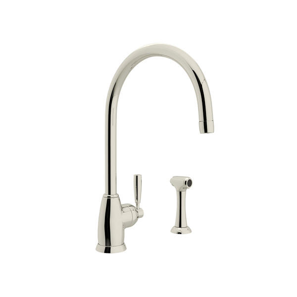 Holborn Single Hole Kitchen Faucet with C Spout and Sidespray - Polished Nickel with Metal Lever Handle | Model Number: U.4846LS-PN-2 - Product Knockout