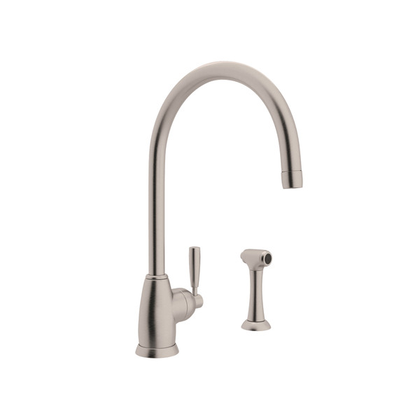 Holborn Single Hole Kitchen Faucet with C Spout and Sidespray - Satin Nickel with Metal Lever Handle | Model Number: U.4846LS-STN-2 - Product Knockout