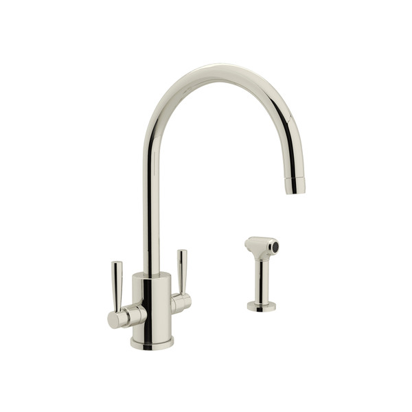Holborn Single Hole C Spout Kitchen Faucet with Round Body and Sidespray - Polished Nickel with Metal Lever Handle | Model Number: U.4312LS-PN-2 - Product Knockout
