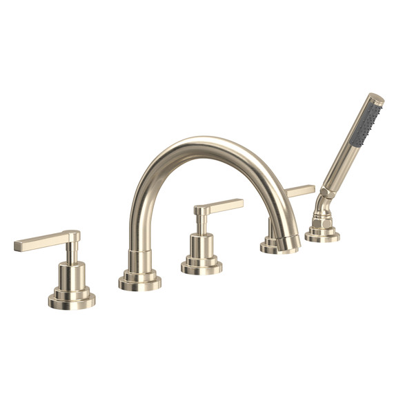 Lombardia 5-Hole Deck Mount Tub Filler with C-Spout - Satin Nickel with Metal Lever Handle | Model Number: A2214LMSTN - Product Knockout